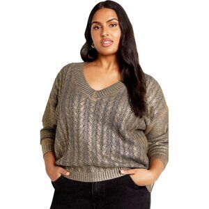 Plus Size Silver Jumper Cable Knit V-Neck Drop Shoulder Hi-Lo Hem